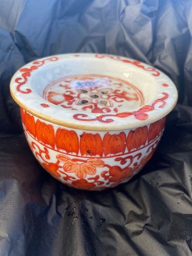 Chinese copper red glaze porclain lidded bowl cricket box.