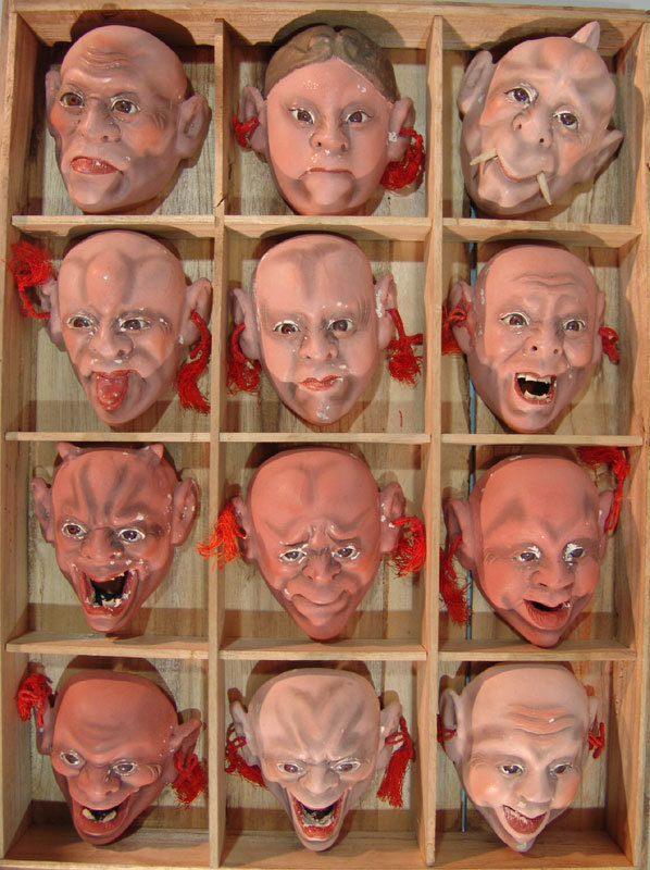 Antique Boxed Set, 12 Japanese Devil Masks w/Glass Eyes
