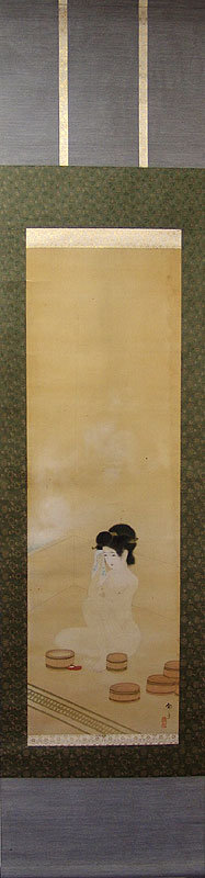 Maiko Bathing, Antique Taisho Silk Scroll by Ikuho