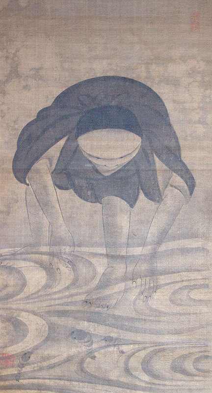 Edo Zen Scroll, Kensu (Xianzi ) catching shrimp, Shundo