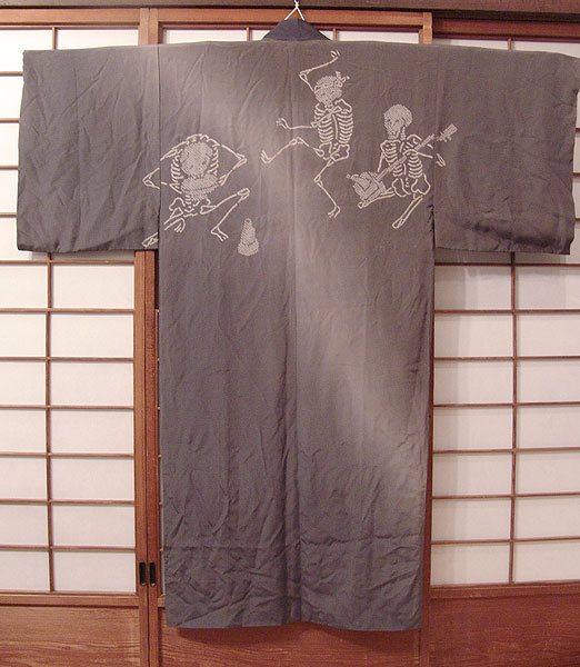 Antique Japanese Dancing Skeleton Jiban Kimono
