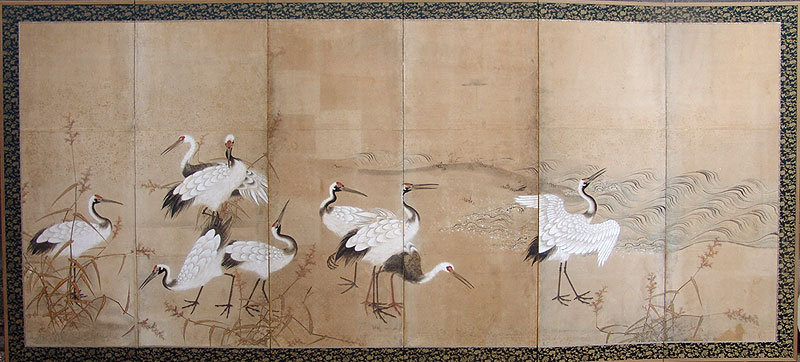 Pair of Edo period Japanese Crane Screens A