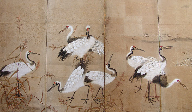 Pair of Edo period Japanese Crane Screens A