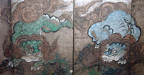 Antique Japanese Silver Screen Pair, Shishi Lions A