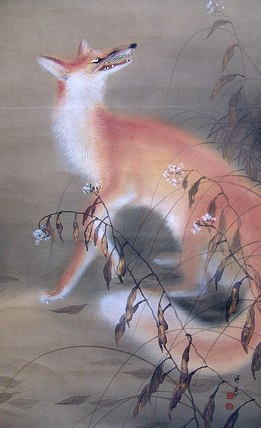 Fox and Moon Antique Japanese Scroll by Hotta Shuso