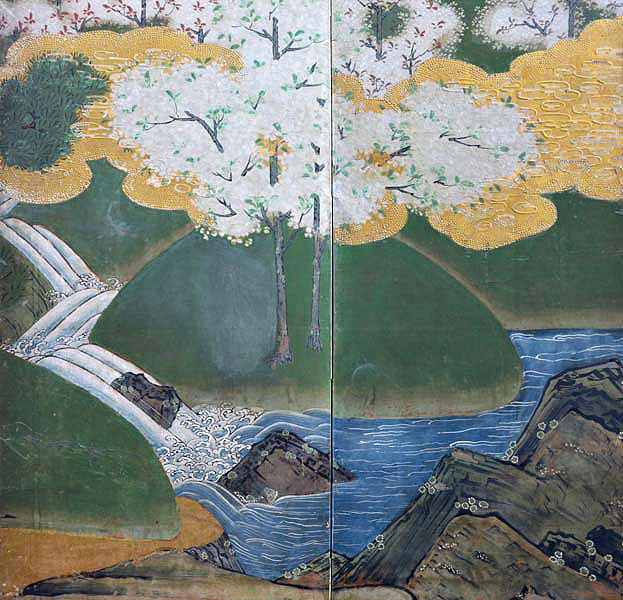 Edo Japanese Gold Screen, Cherry Blossoms, Pine &amp; Waves