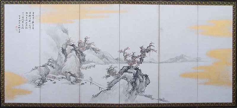 Antique Japanese Landscape Screen Set by Ikeda Keisen