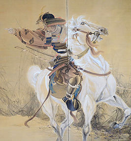 Large Samurai Warrior on Horse Meiji p. Screen, Beizan