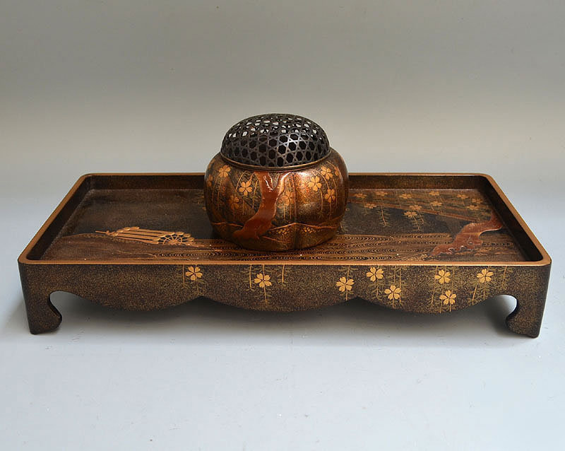 Antique Japanese Maki-e Lacquer Koro and Table