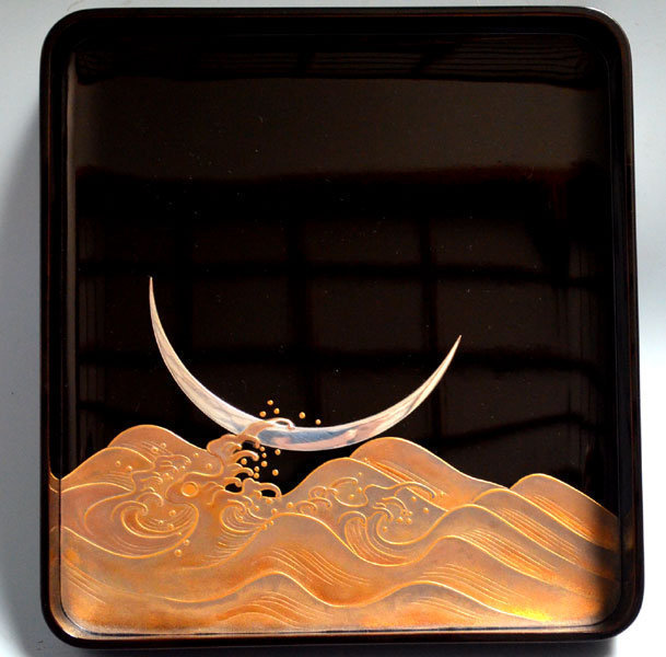 Antique Japanese Lacquer Box, Sakura, Moon & Waves