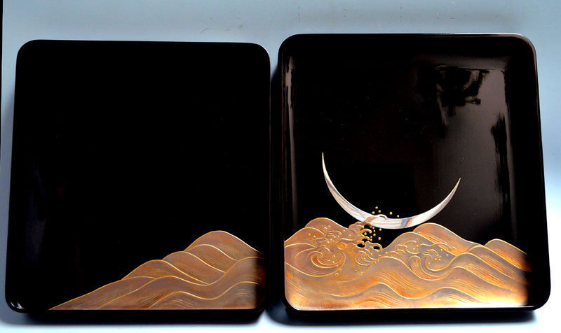 Antique Japanese Lacquer Box, Sakura, Moon &amp; Waves