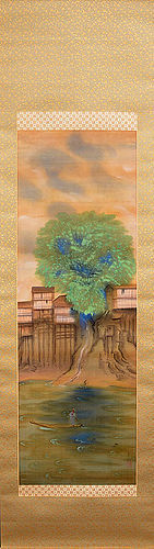 Taisho Era Silk Landscape Scroll by Ono Bakufu