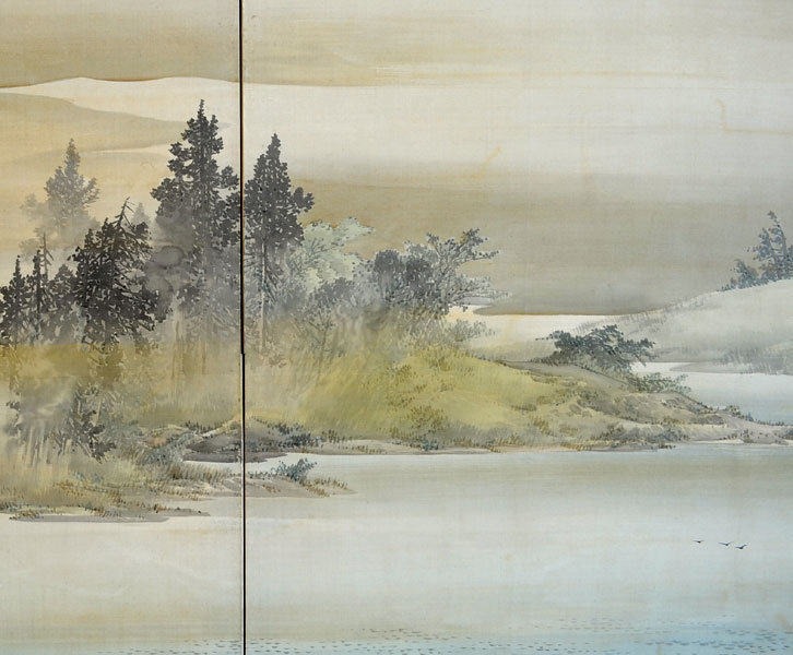 Superb Antique Japanese Silk Screen, Nomura Bunkyo Landscape