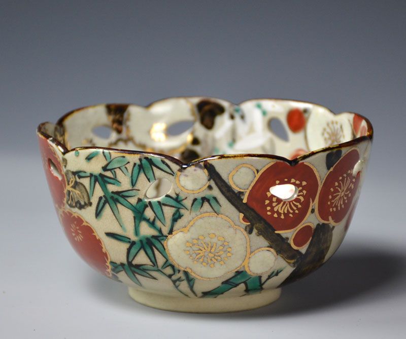 Pierced Bowl by Kiyomizu Rokubei, Plum &amp; Chrysanthemum