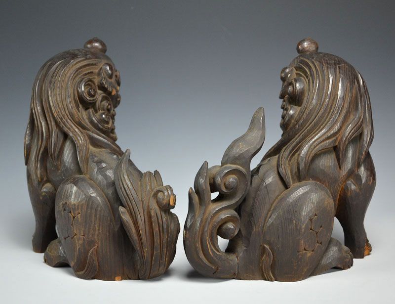 Antique Pair Japanese Carved Wood Shishi Gaurdians