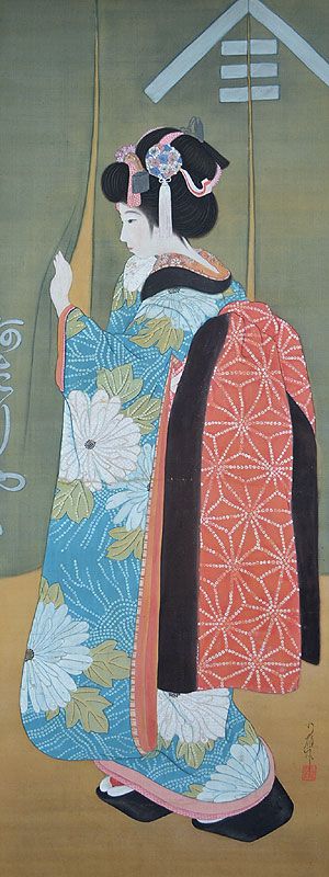 Maiko Entering a Tea House, Antique Japanese Scroll