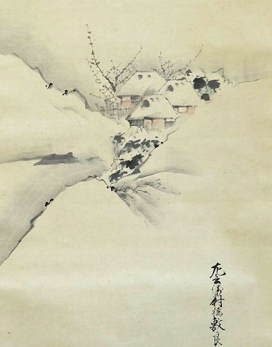 Antique Scroll, Otagaki Rengetsu & Shikiryo, Village in Snow