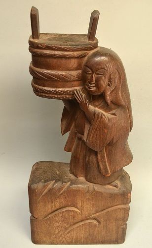 Antique Japanese Hardwood Carving, Shojo w/ Sake Barrell