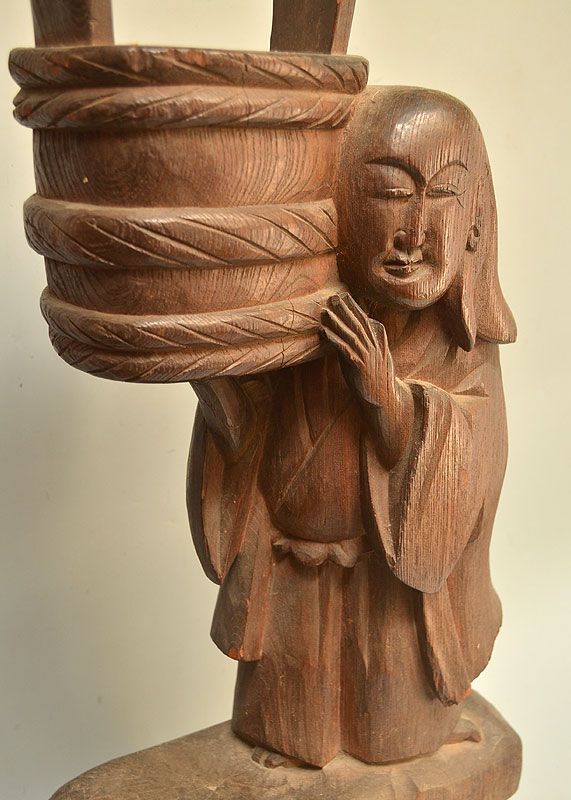 Antique Japanese Hardwood Carving, Shojo w/ Sake Barrell