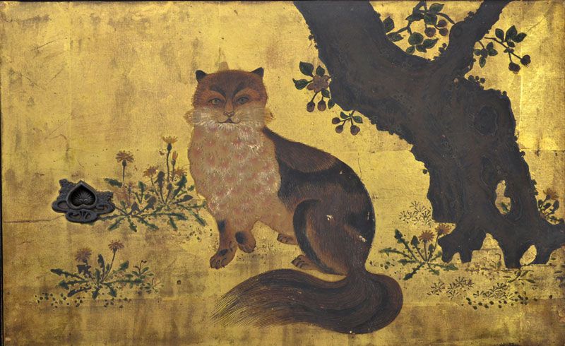 Set of Edo period Painted Gold Doors, Civets among Flora