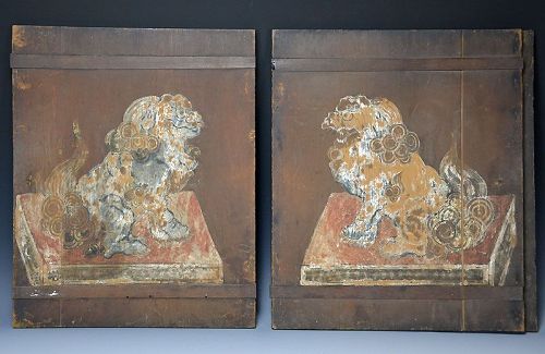 Antique Japanese Buddhist Altar Doors w/ Shishi Lions