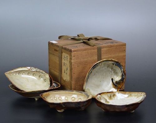 5 Antique Japanese Takatori Shell Shaped Pottery Dishes (item #1426926)