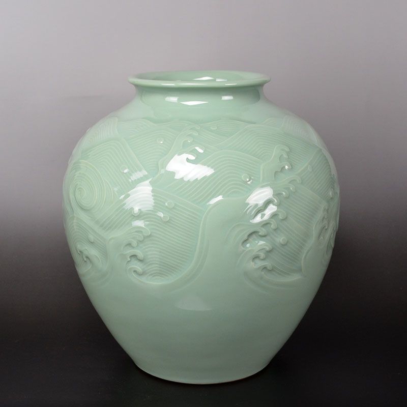 Celadon Porcelain Wave Sculpted Vase by Miyanaga Tozan