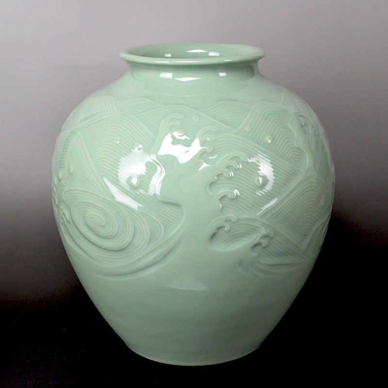 Celadon Porcelain Wave Sculpted Vase by Miyanaga Tozan