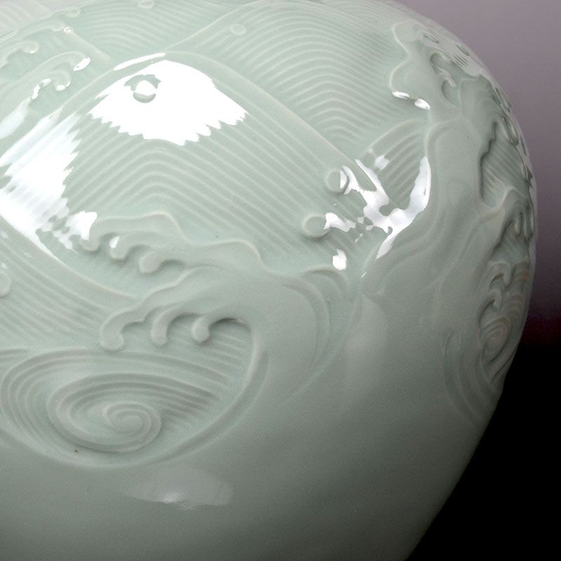 Celadon Porcelain Wave Sculpted Vase by Miyanaga Tozan