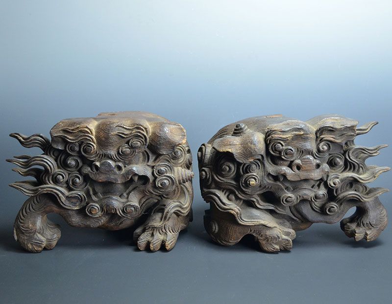 Antique Japanese Architectural Wood Carvings, Shishi Lions