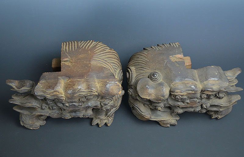 Antique Japanese Architectural Wood Carvings, Shishi Lions