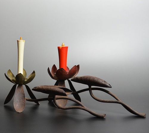 Pair of Antique Japanese Lotus-Shaped Candle Sticks