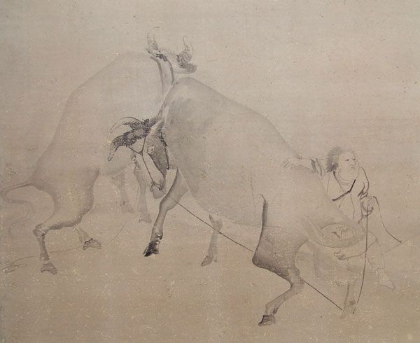 Antique Japanese Screen, Herding Cattle by Nagasawa Rosetsu A