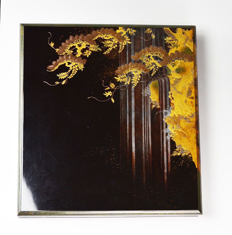 Exquisite Japanese Lacquer Box, Waterfall &amp; Wysteria