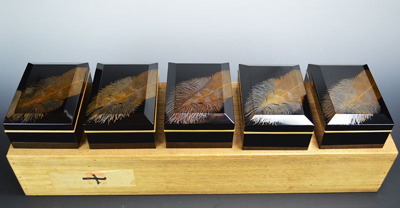 Exquisite Set of 5 Antique Lacquered Feather Boxes by Shunji