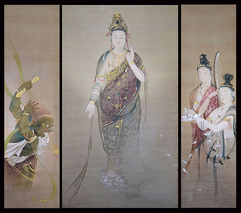 Meiji p. Buddhist Triptych, Kannon by Takahashi Koko