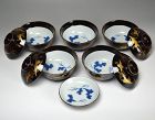 Antique Japanese 5 pc. Black Lacquer Porcelain Bowl Set