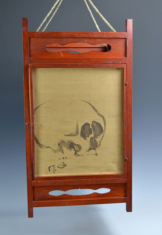 Meiji p. Japanese Obon silk Lantern Painted w/ Skulls