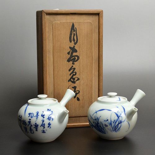 Pair Porcelain Sencha Kyusu Tea Pots by Kawabe Seiran