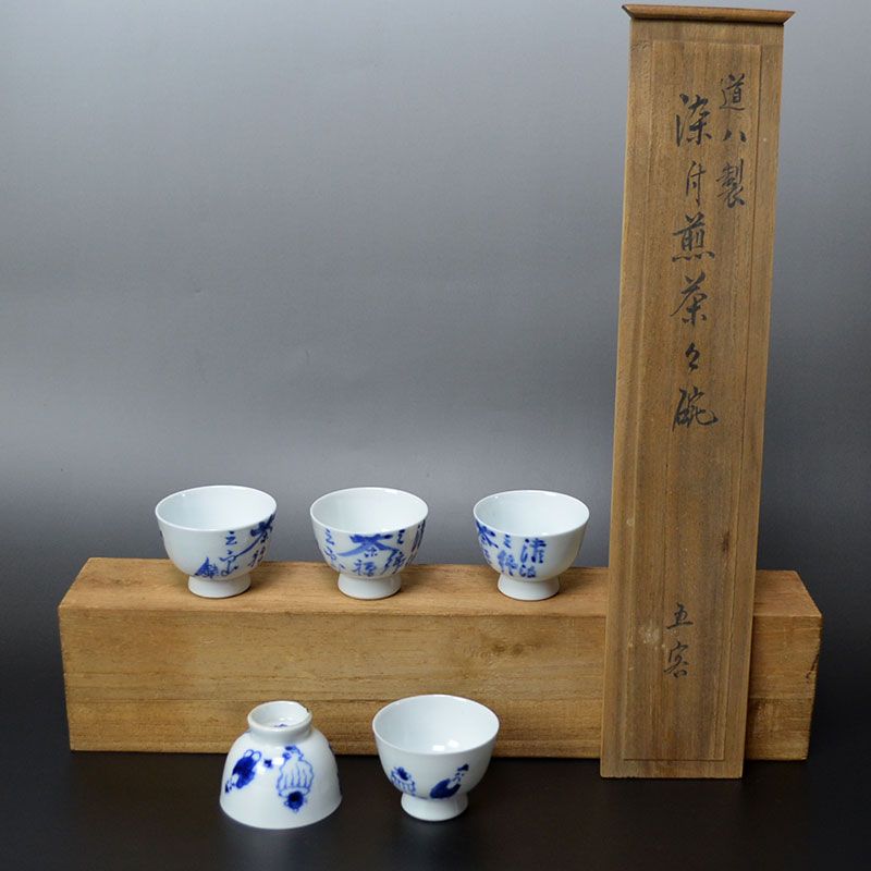 5 Sencha Tea Cups, Takahashi Dohachi &amp; Tomioka Tessai