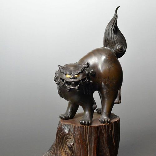 Bronze Shishi Lion with Gold Eyes by Sogo