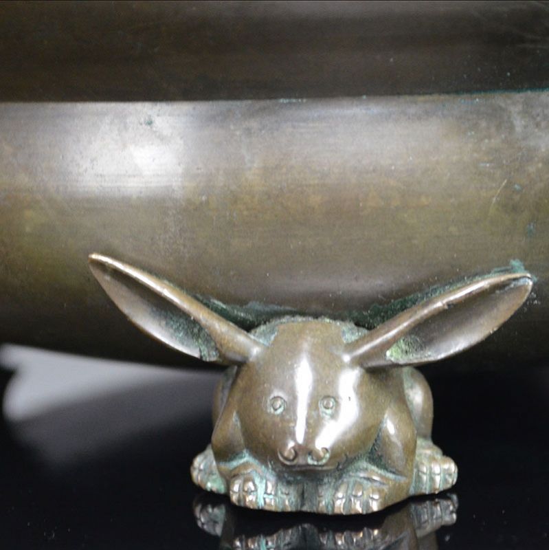 Mid Edo p. Lustrous Bronze Japanese Brazier w/ Rabbits