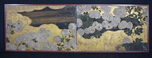 Antique Japanese Edo p. Rimpa Gold Screen, Chrysanthemum