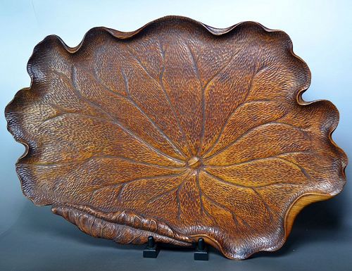 Spectacular Carved Wood Habon Lotus Leaf Tray