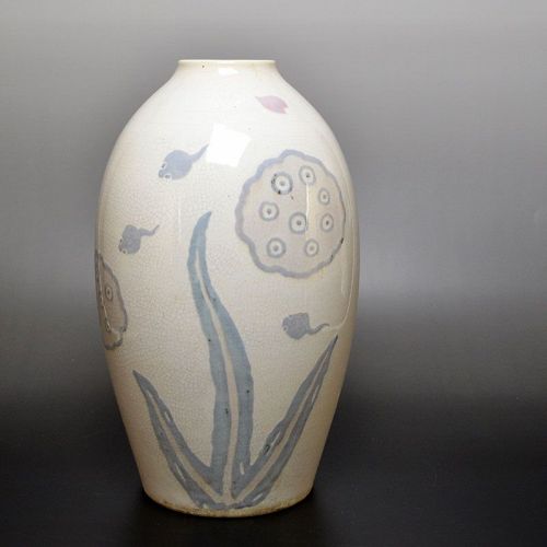 Unusual Antique Japanese Izumo Yaki Vase w/ Lotus & Tadpoles