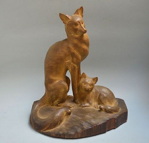 Fox & Cub Carved Wood Sculpture by Sato Katsunori c. 1950