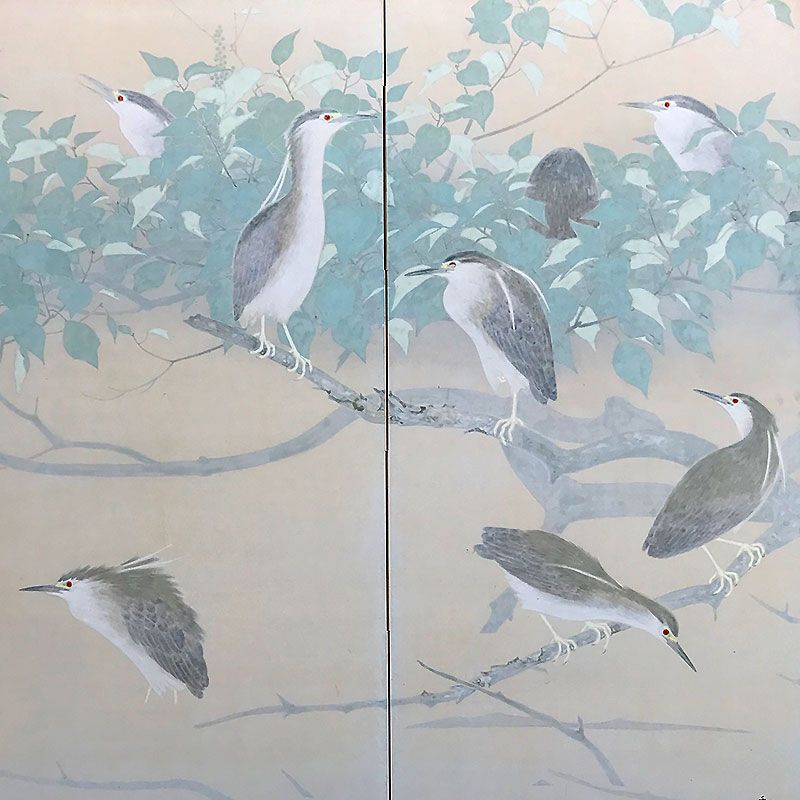 2 Panel Screen by Ikegami Shuho, Herons
