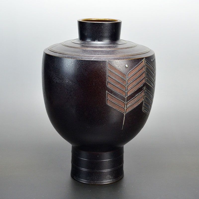 Honbo Keisen Mid-Century Japanese Silver Inlay Bronze Vase