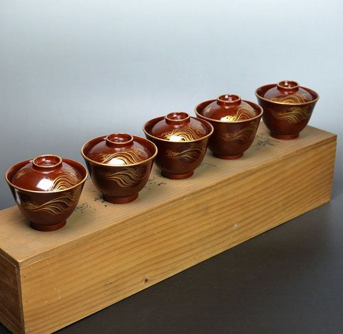 Set five Antique Toyoraku Lacquered Pottery Bowls