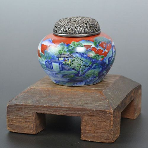 Rare! Seifu Yohei I Aka-e Porcelain Koro w/Silver Lid